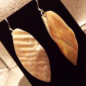 CHAMPAGNE CARVED MOP SHELL LONG LEAVES STERLING PIERCED EARRINGS 14